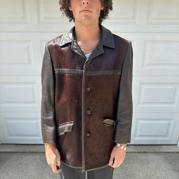Vintage 70s Men's A Robert Lewis Idea Cowhair Leather Button Up Jacket Size 40 - Picture 2 of 7